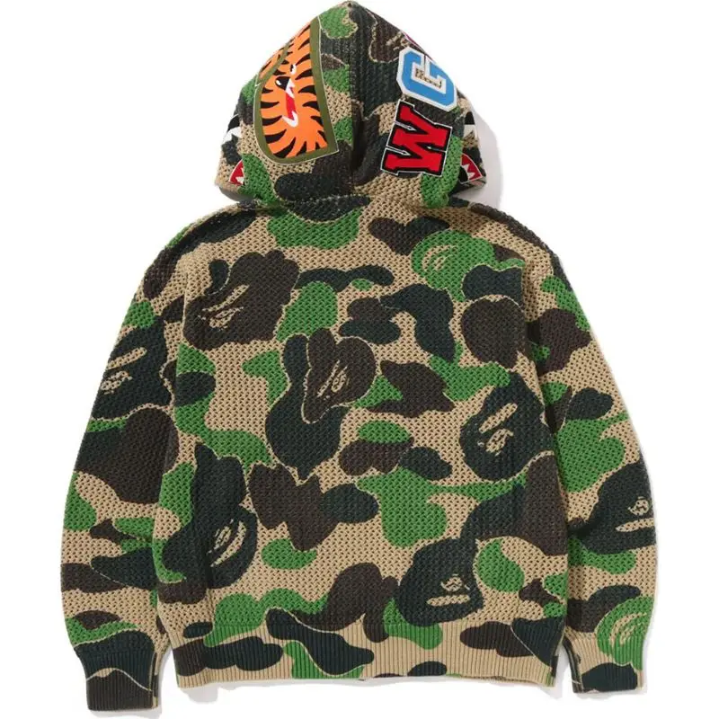 ABC GREEN CAMO CROCHET RELAXED FIT SHARK FULL ZIP HOODIE FOR MENS