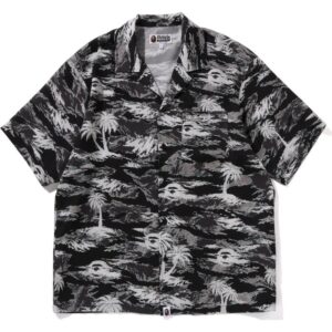 Mens Black Palm Tree Camo Open Collar Pocket Shirt