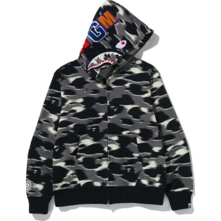 Mens Black Screen Camo Shark Full Zip Hoodie