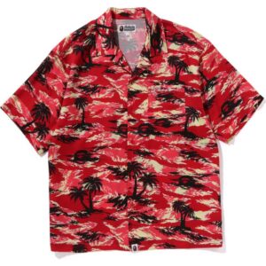 Mens Red Palm Tree Camo Open Collar Shirt