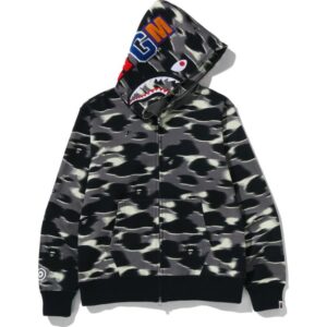 Mens Black Screen Camo Shark Full Zip Hoodie