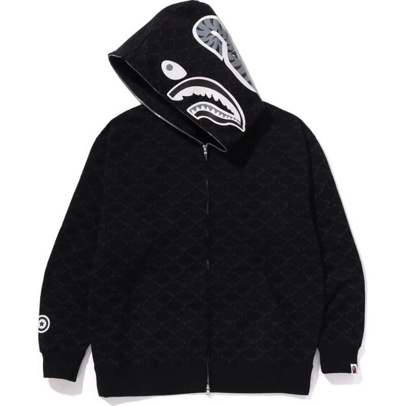 COLLEGE MONOGRAM BLACK SHARK FULL ZIP HOODIE MENS