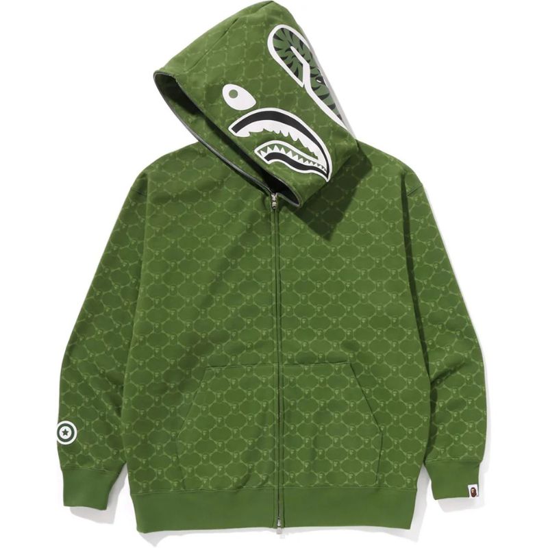 COLLEGE MONOGRAM GREEN FIT SHARK FULL ZIP HOODIE FOR MENS