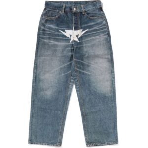 Mens Light Indigo Fake Print STA Loose Fit Denim Pants