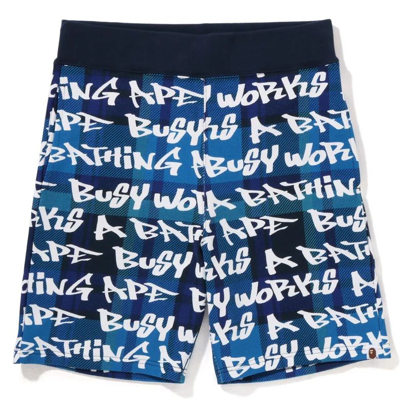 bape graffiti check shorts blue