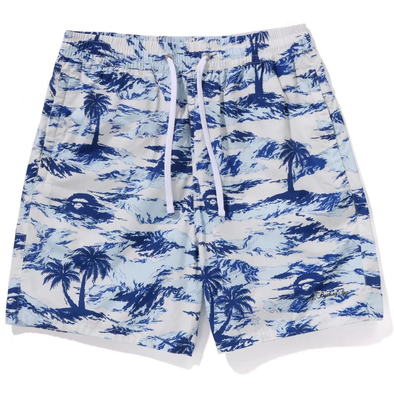 palm tree camo beach shorts blue