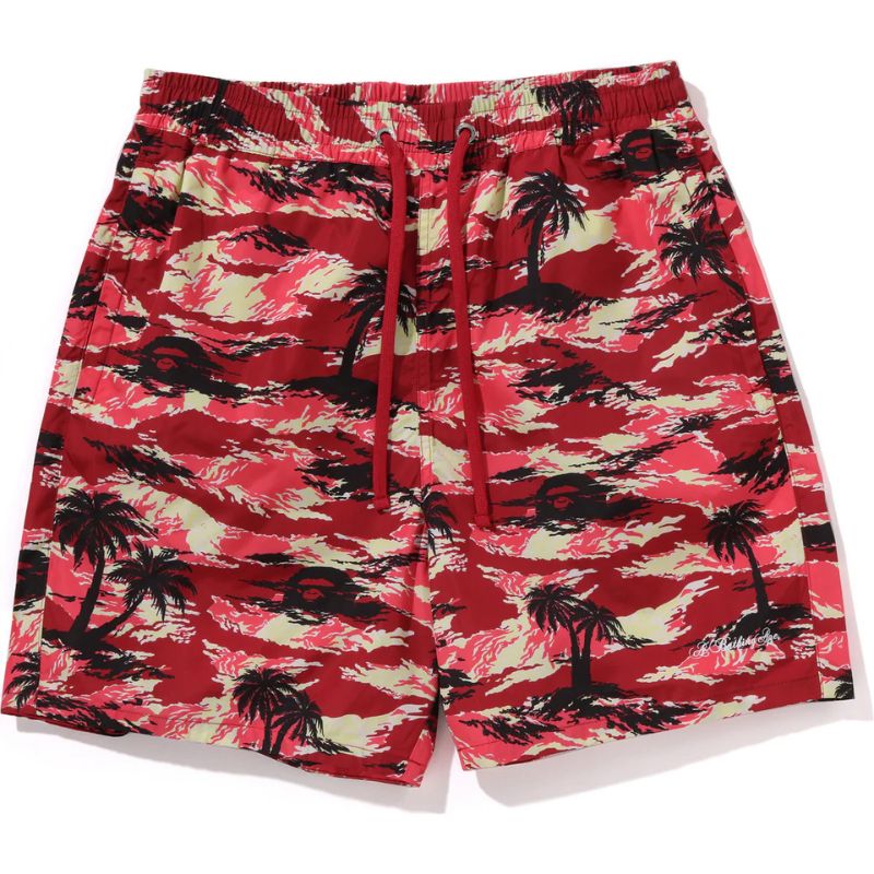 palm tree camo beach shorts red