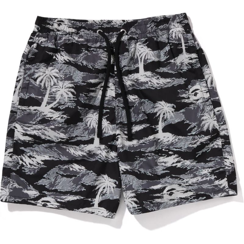 palm tree camo beach shorts black