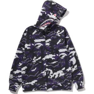Kids Glitch Camo Shark Zip Hoodie Purple